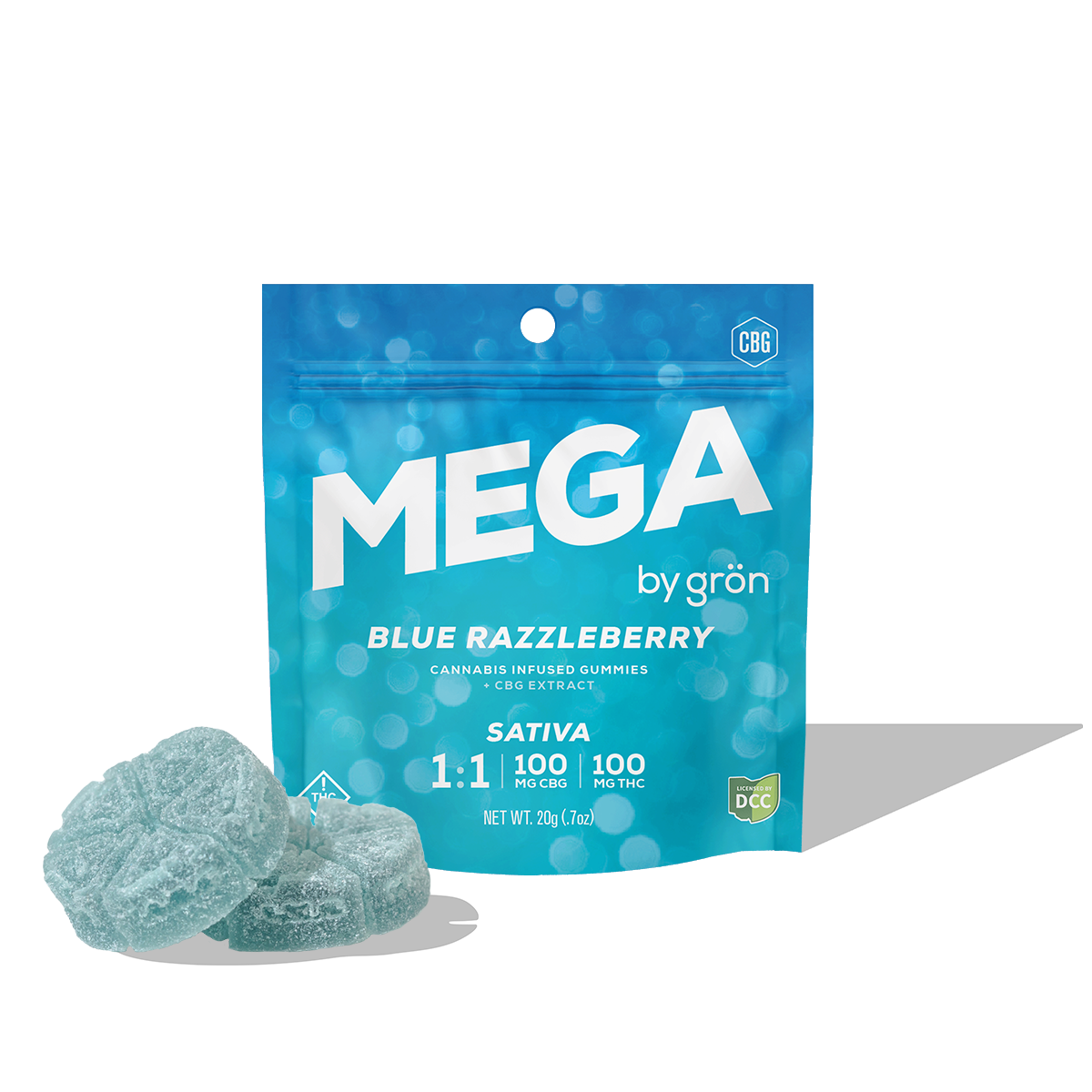 Grön 1:1 Blue Razzleberry Mega Sativa CBG:THC 100mg 2ct