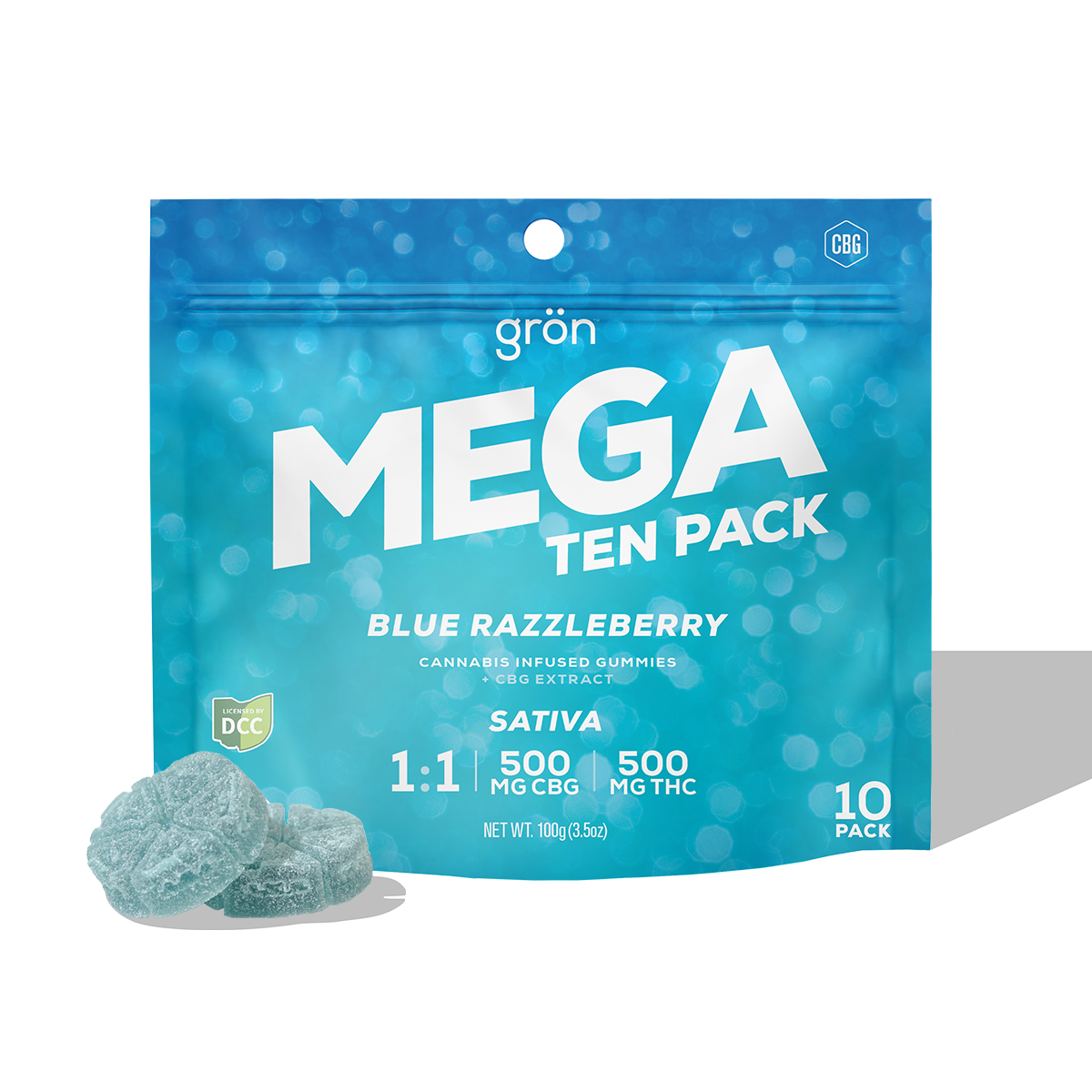 Grön 1:1 Blue Razzleberry Mega Sativa CBG:THC 500mg 10ct